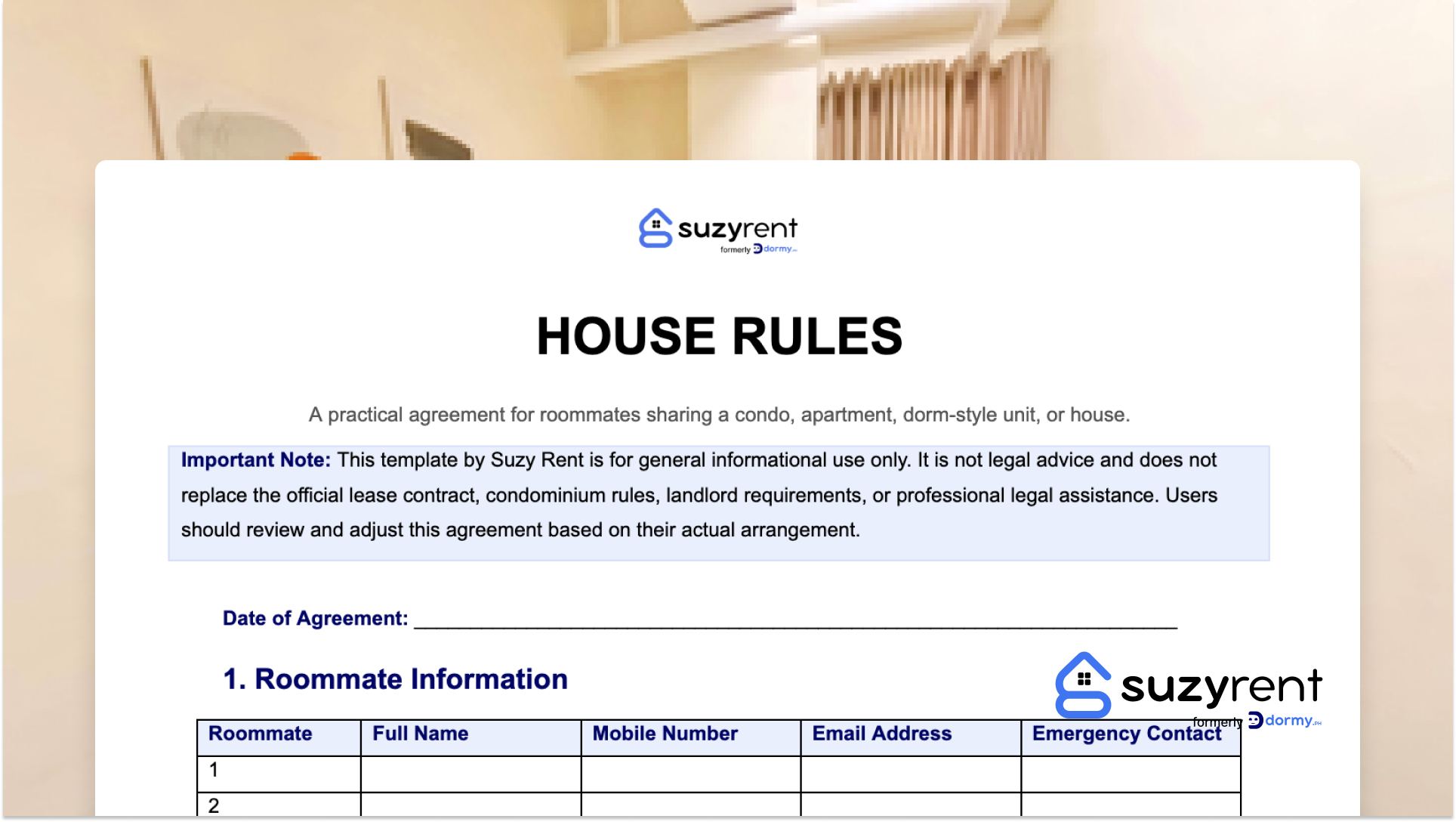 Document Template Showing "House Rules" with Suzy Rent Logo and Apartment Background