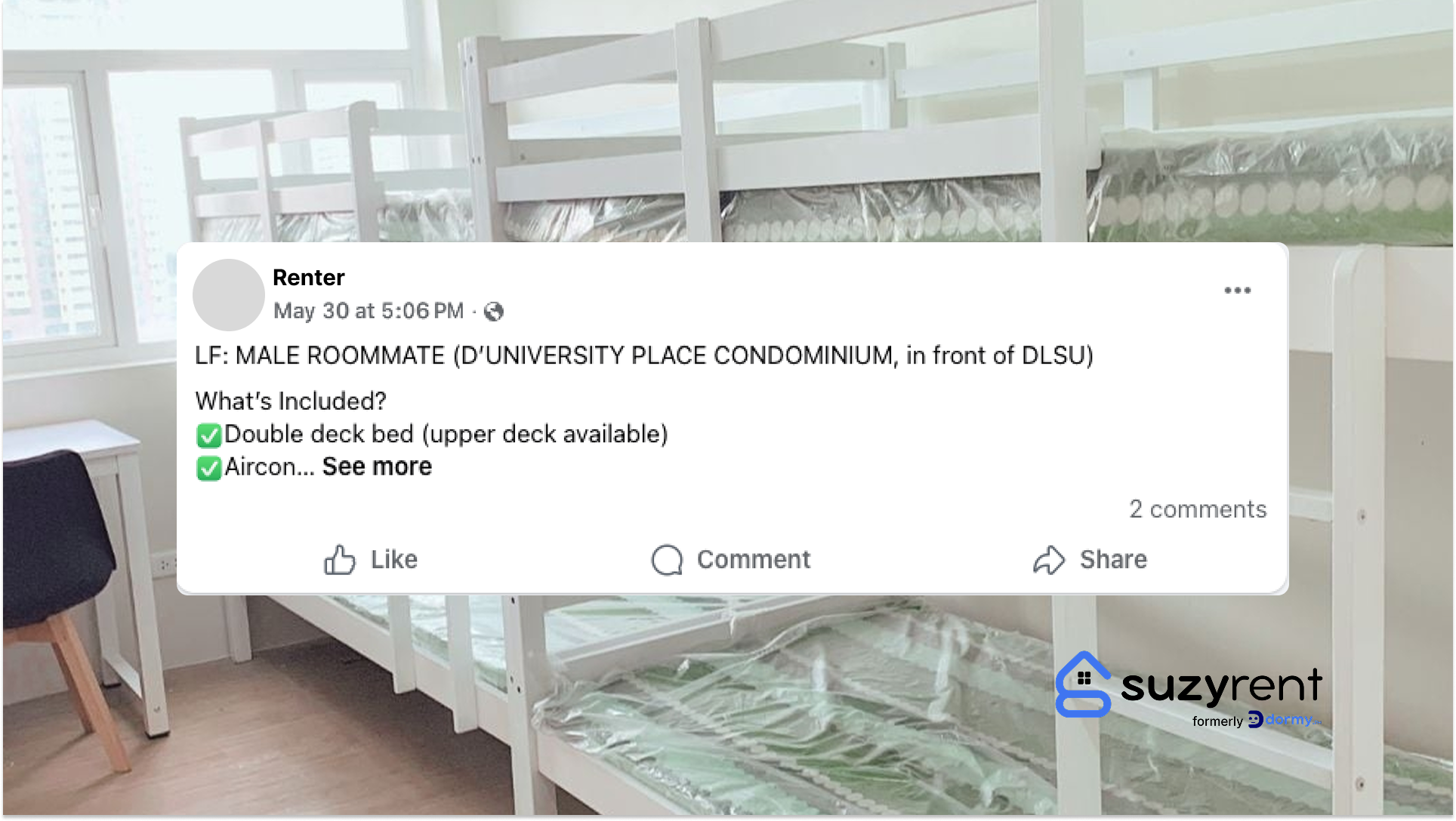 Dormitory Bunk Bed Background with Roommates Post on Facebook