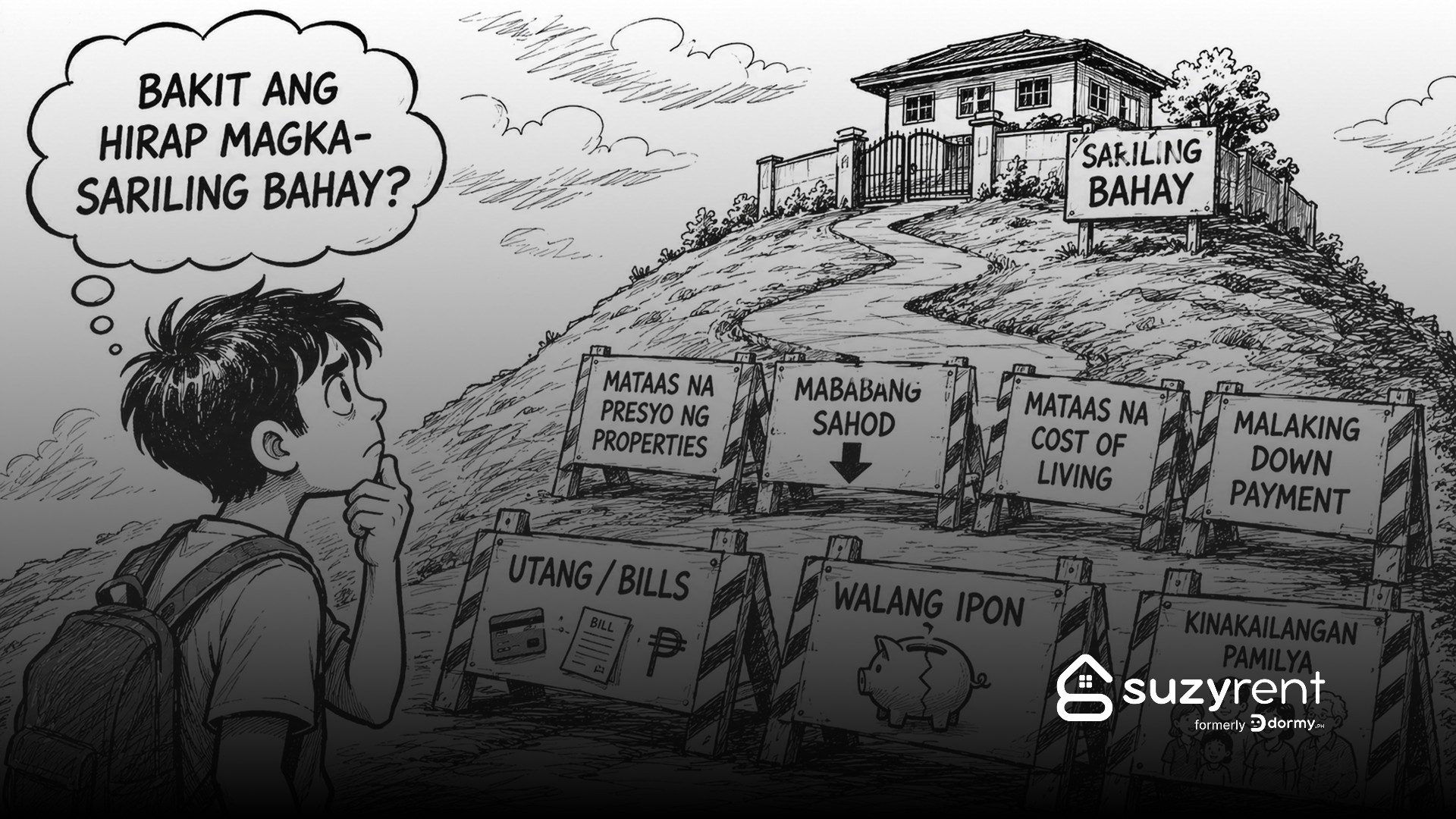 Caricature showing a Filipino looking up to signages indicating housing inaffordability